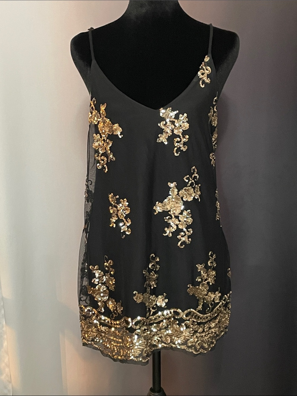 About A Girl Black Camisole with Gold Sequin Floral Embroidery
